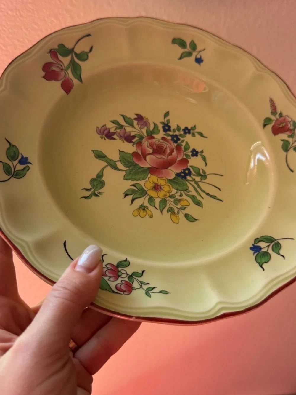 Luneville France Louis XV Green Strasbourg Style Floral Soup Plate Vintage